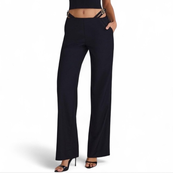 Oh Polly Pants - Oh Polly Zaria Tall Belted Cut-Out Wide-Leg Trousers in Black - Size 4